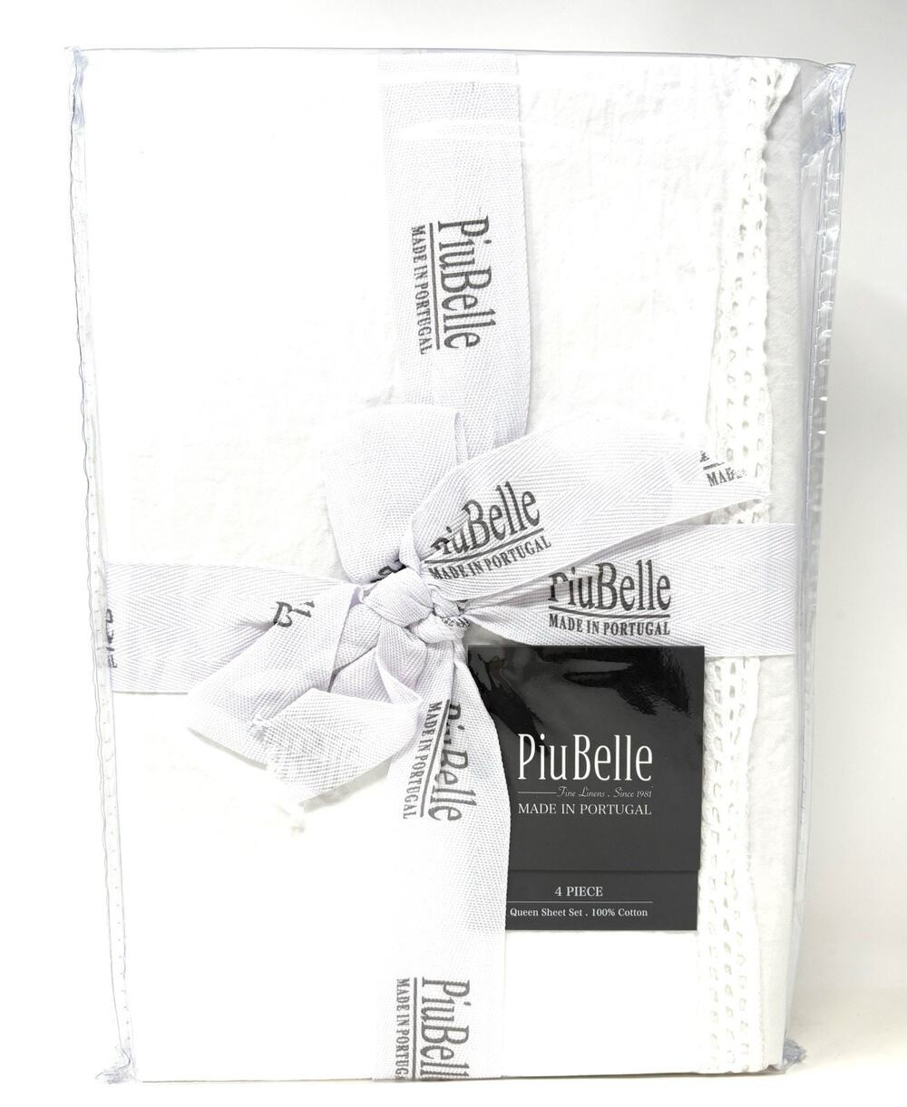 PiuBelle White Queen Sheet Set 100% Cotton Crochet Border Trim NWT Portugal